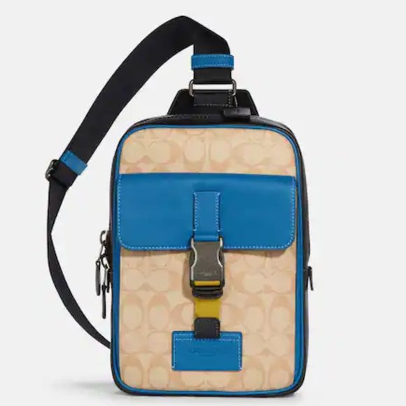 🥰 Coach Track Pack In Colorblock Signature Canvas Light Khaki/Blue Jay - Picture 1 of 13